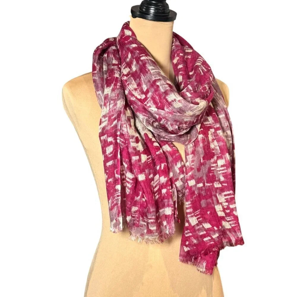 Abstract Print Scarf Pashmina  Wrap Shawl Pink White Fringe Contemporary